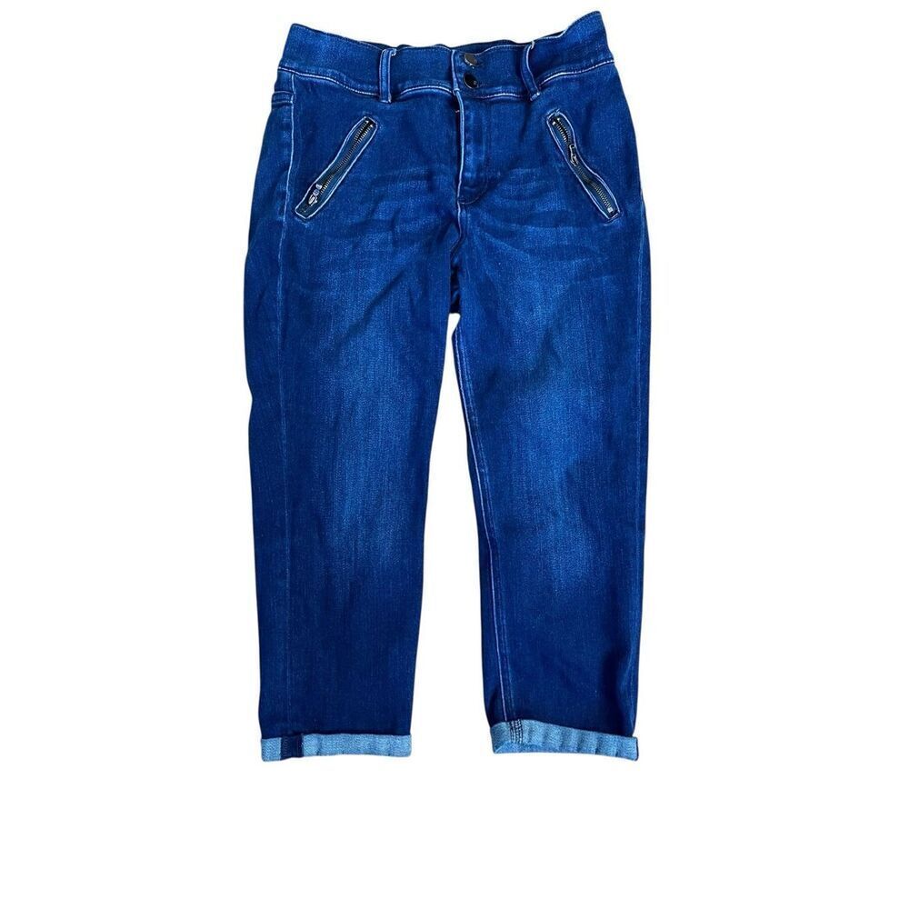 New York & Co. Women's Size 8 High Waisted Cropped Leggings Button Fly Blue Faux